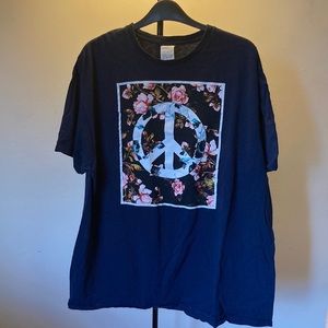 Blue T shirt with peace sign and flowers. Unisex XL